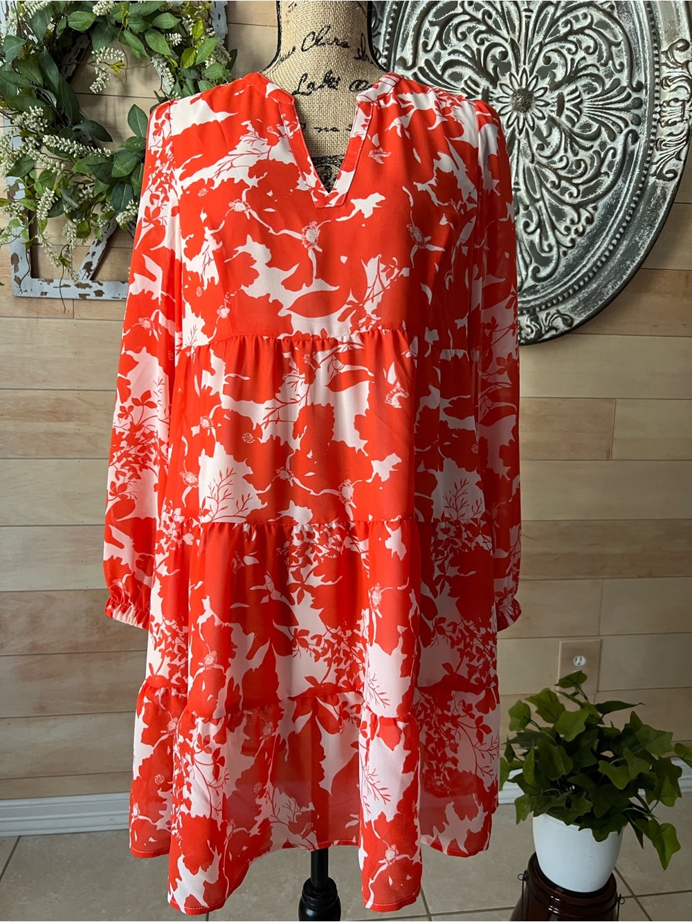 CASLON Women’s Orange & White Floral Tiered V-Neck Mini Dress Size Small